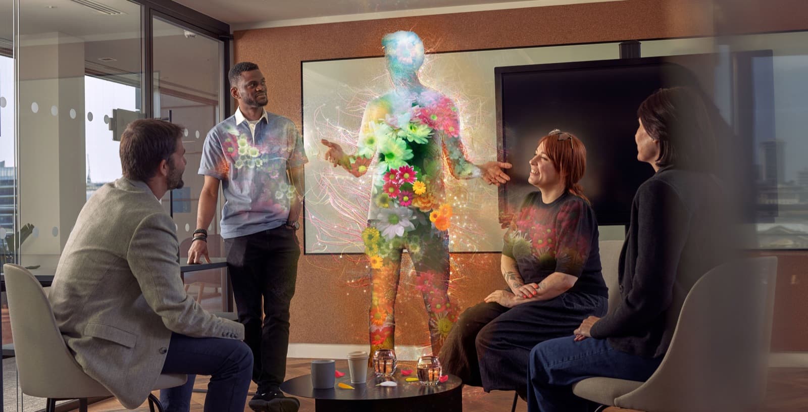 A Cherry team in a meeting, with one figure made of flowers